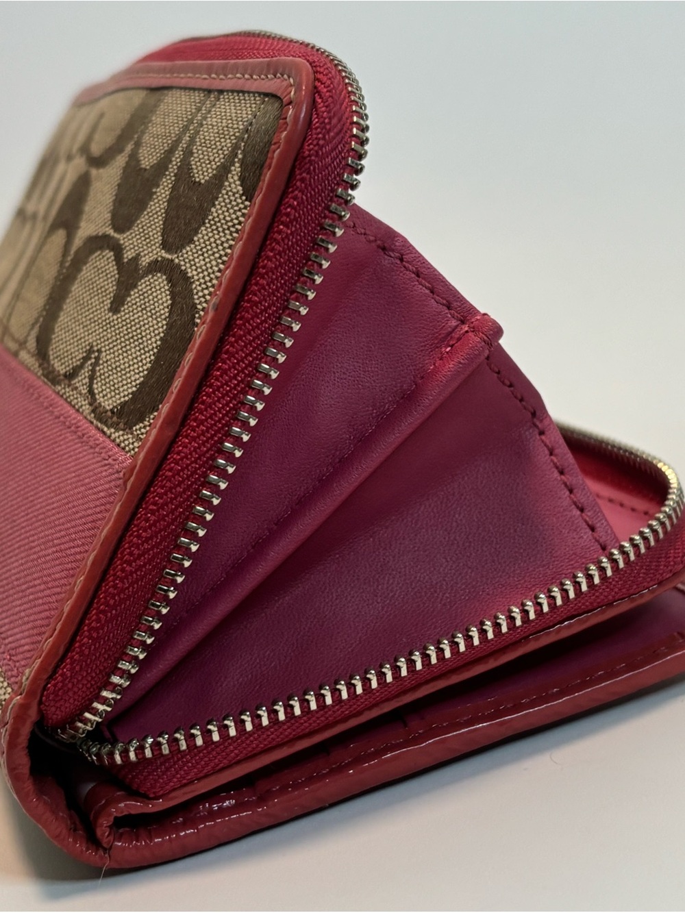 COACH ($229) Legacy Signature Zip-Around Wallet in Tan Canvas with Berry Accents - Picture 13 of 14